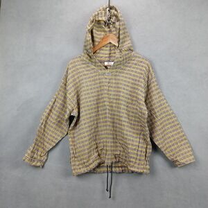Byer California Hooded Shirt Women Medium Yellow Purple Checkered Drawstring Hem